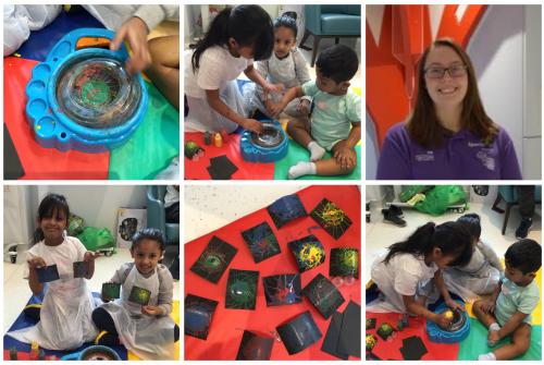 Saad and his sisters, Suhad and Huda taking part in an art activity on Hedgehog Ward